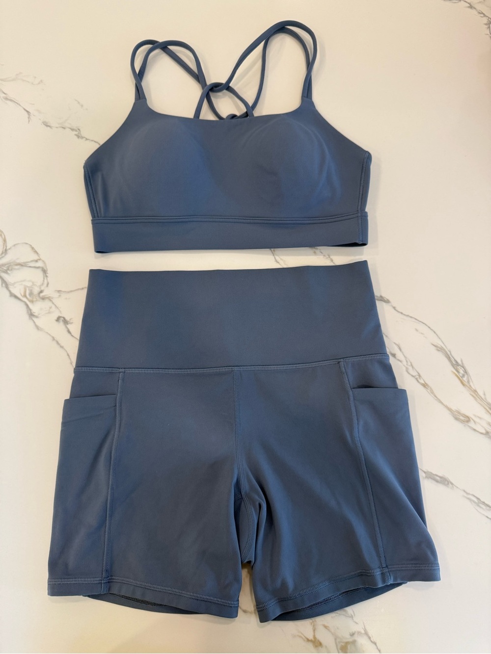 Athleta Perfect Form Sports Bra XS in Shadow Blue & High Rise Shorts S